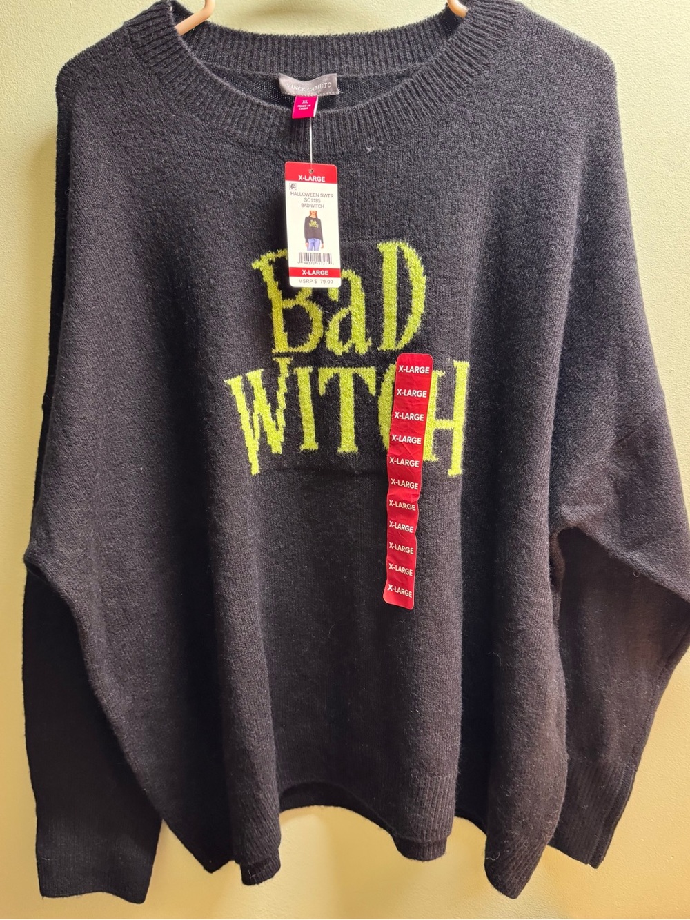 Vince Camuto Black Crewneck Sweater with Neon green'Bad Witch' Graphic NWT XL